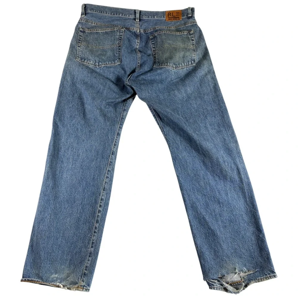 Vintage Polo Jeans Co Ralph Lauren Mens 38 Blue Denim Distressed Straight Leg